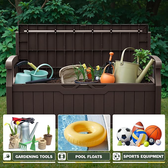 Flamaker 80 Gallon Storage Bench with Cushions Outdoor Indoor, Durable All-Weather Seating with Hidden Storage, Lockable Deck Box for Garden, Patio, Poolside (Brown)
