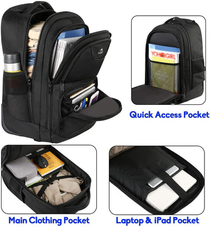 MATEIN Travel Backpack with Wheels, Rucksack with Wheels Cabin Size Wheeled Backpack 17inch Laptop Trolley Business Cabin Bag Carry On Suitcase Hand Luggage School Backpack for Women, Men, Uni, Black