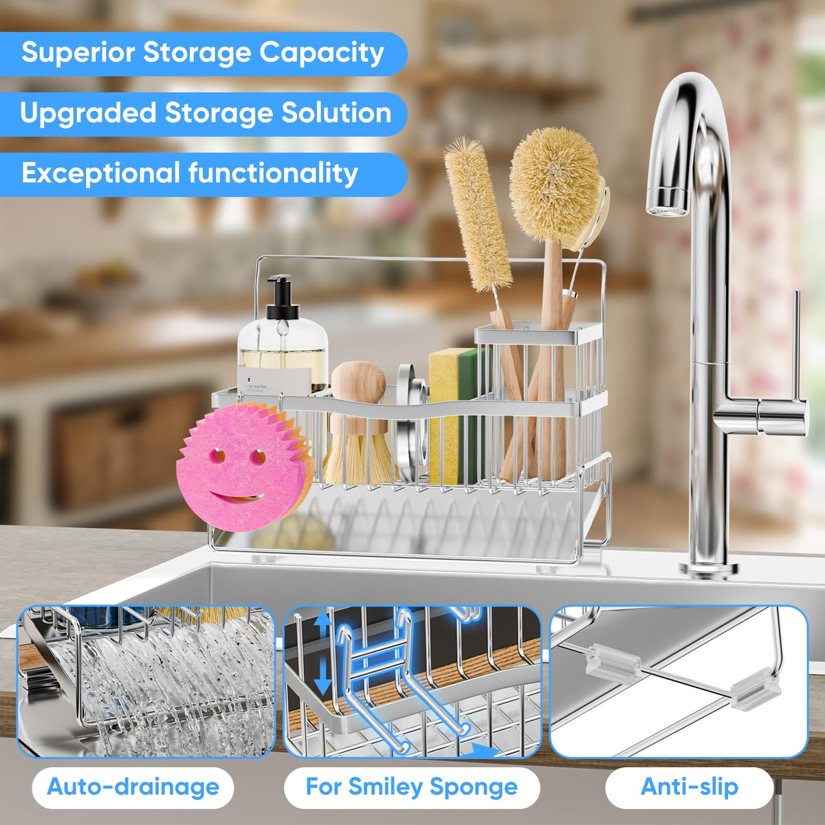 Adurei Sponge Holder for Kitchen Sink 304 Stainless Steel Self-Draining Sink Caddy with Smiley Face Sponge and Brush Holder Towel Bar and Divider Kitchen Gadgets Organizer for Countertop, Silver