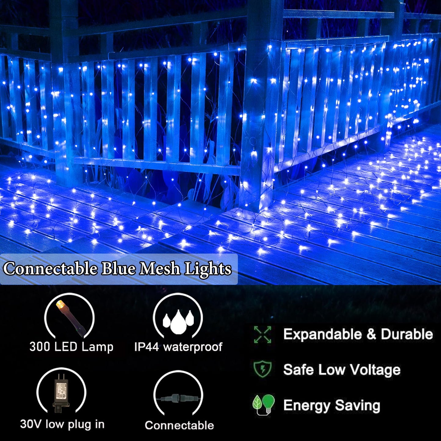OYCBUZO 300LED Net Lights,14.8ftx5ft 8 Modes Connectable Christmas Mesh Lights, Indoor and Outdoor Fairy String Lights Plug in for Halloween Thanksgiving Bushes Xmas Tree Holiday Party Garden - Blue