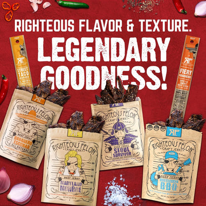 Righteous Felon Beef Jerky & Meat Sticks Variety Pack | Gluten Free Beef Jerky Snack Packs for Adults | High Protein, Keto, Low Sugar | Made with Premium Meats | Gifts for Men | Spicy Jerky 6 Pack