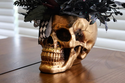 FLOROAD Halloween Decor, Gold Resin Skull Planter with Faux Plants Halloween Skull Decor for Home Coffee Table Bookshelf Dining Table Centerpiece, 14" H (Gold/Black/White/Red)
