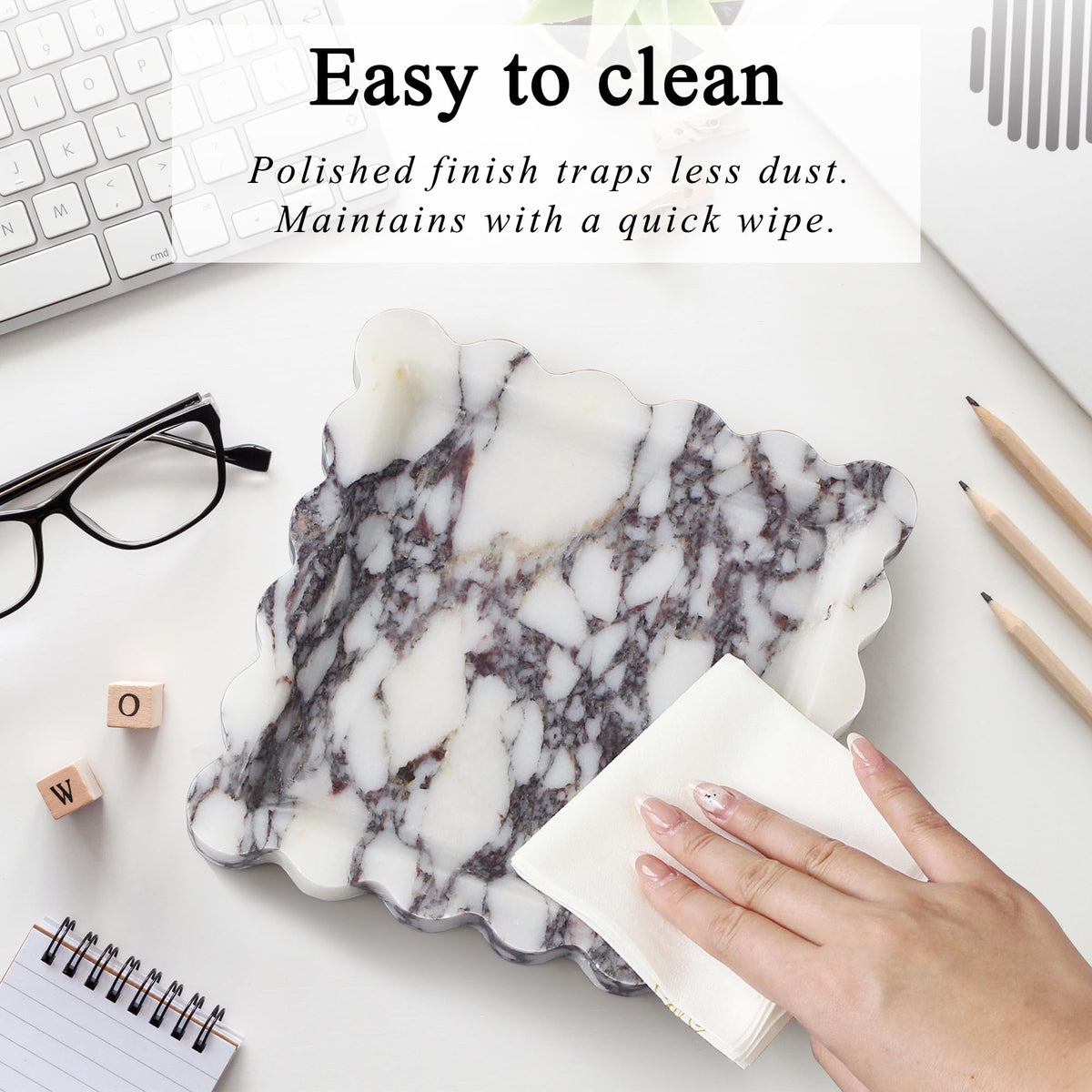 Square Marble Vanity Tray with Scalloped Edge - Natural Marble Perfume Tray Decor for Dresser, Vanity, Kitchen, Home Decor, Decorative Square Stone Tray - Calacatta Viola 8 * 8 inch