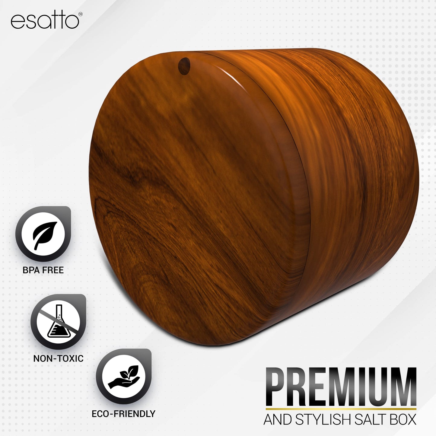 Esatto Round Acacia Wooden Salt Box, Magnetic Swivel Lid, Salt pepper or Spice Storage Box, 2 Wine Pourers Included