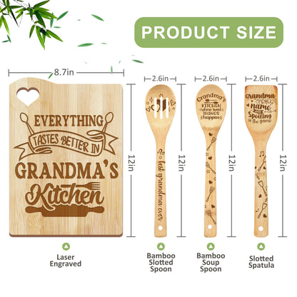 Gifts for Grandma, Grandma Kitchen Gifts from Grandkids, Birthday Gift Wooden Cutting Board with Cooking Utensils Set with Apron Set, Great Christmas Mothers Day Gift