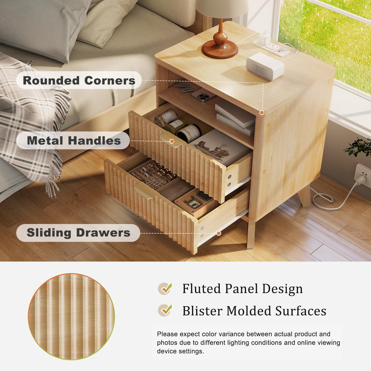 LYNCOHOME Fluted Nightstand with Charging Station, 19.7 inch Wide End Table with 2 Drawers, Modern Wood Bedside Table for Bedroom,Natural,1 Pcs