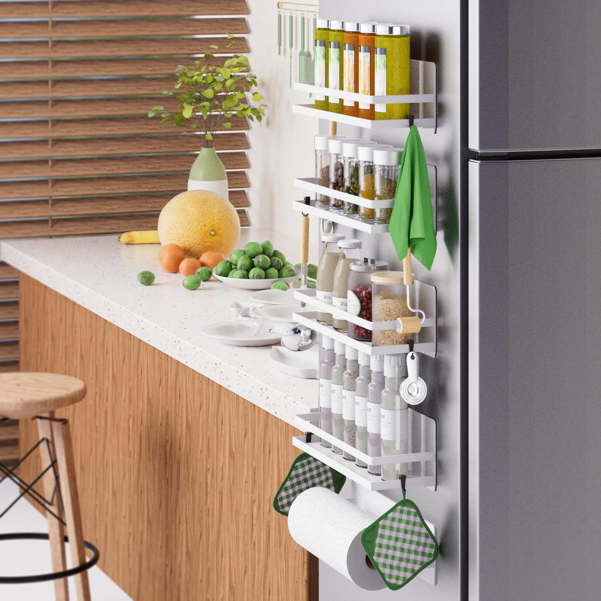 Magnetic Spice Rack Moveable Magnetic Shelf Organizer for Kitchen Refrigerator Microwave Oven Storage Rack Fridge Magnet Organizer,White,4 Packs