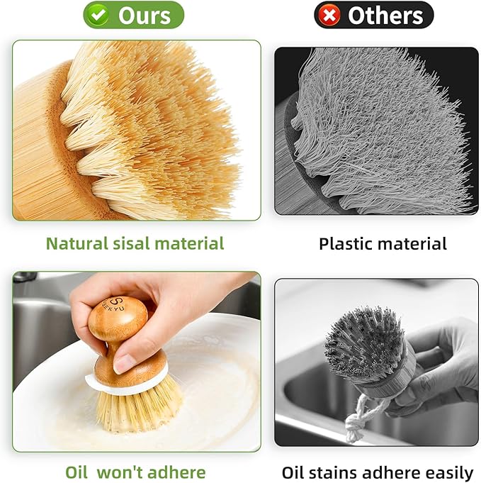 SUBEKYU Dish Brush, Bamboo Dish Scrubber Brush Set