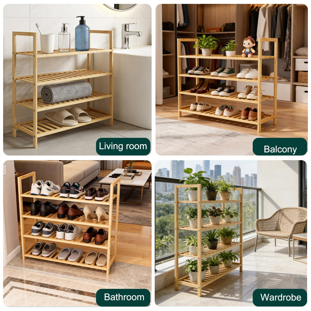 Bambly 4 Tier Bamboo Wooden Shoe Rack for Closet & Entryway, Free Standing Shoe Rack Stand Organizer Shelf for Garage, Bedroom, Small Space Storage, Stackable