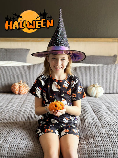 uideazone Size 9-10 Ghosts Pjs Set for Kids Girls Halloween 3 Piece Pajamas Set Cute Sleepwear Set Short Sleeve Shirt Shorts Pants