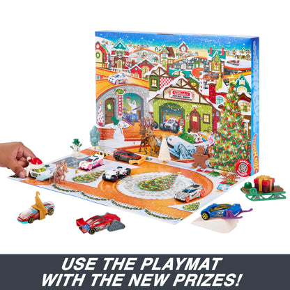Hot Wheels Advent Calendar, 8 Hot Wheels Cars and 16 Winter-Themed Accessories behind 24 Numbered Doors Plus a Playmat, For Kids & Hot Wheels Fans, HKL74