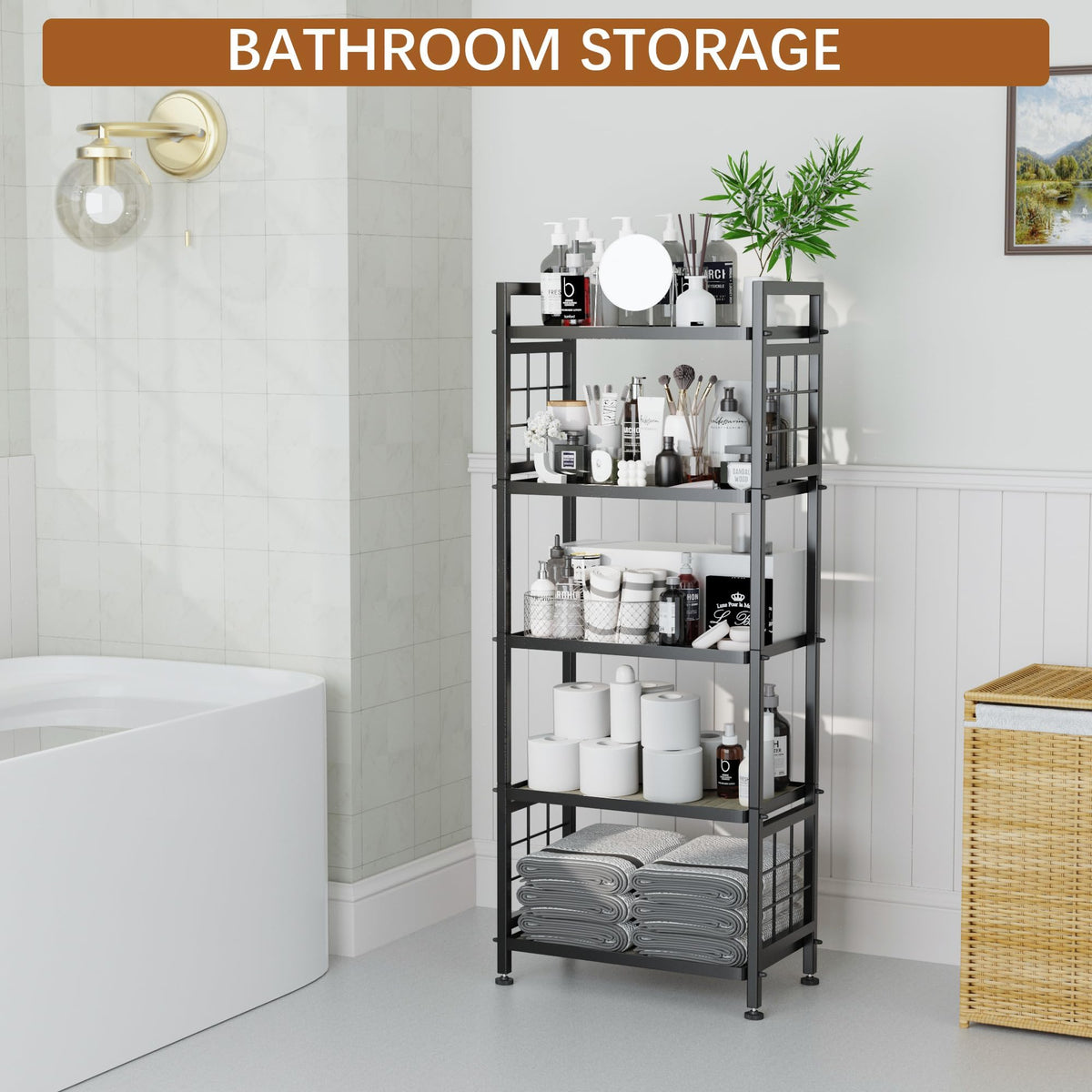 GIOTORENT 5-Tier Pantry Shelves with Wooden Boards, Heavy Duty Storage Shelves & Book Shelf, Adjustable Metal Shelving Unit for Kitchen Bathroom Laundry Organizer, Sturdy Rust-Resistant, Black