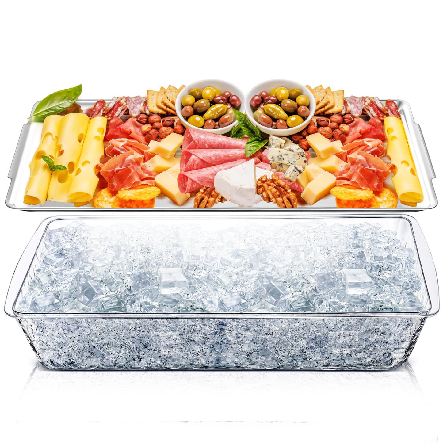 Baderke 1 Set 16" x 9'' Chilled Serving Tray for Parties with Compartments Rectangle Serving Dish Ice Charcuterie Party Platter for Shrimp Fruit Seafood Vegetable Appetizer (Silver)
