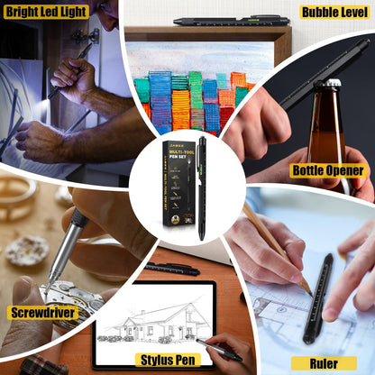 Christmas Stocking Stuffers Gifts for Men, White Elephant Gifts for Adults Dad Boyfriend Him Husband, 9 in 1 Multitool Tool Pen Set, Screwdriver, LED Light, Stylus, Bottle Opener, Ruler, Level(Black)