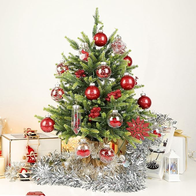 SHareconn 86PCS Christmas Balls Ornaments Set,Shatterproof Plastic Clear Decorative Baubles for Xmas Tree Decor Holiday Wedding Party Decoration, Red