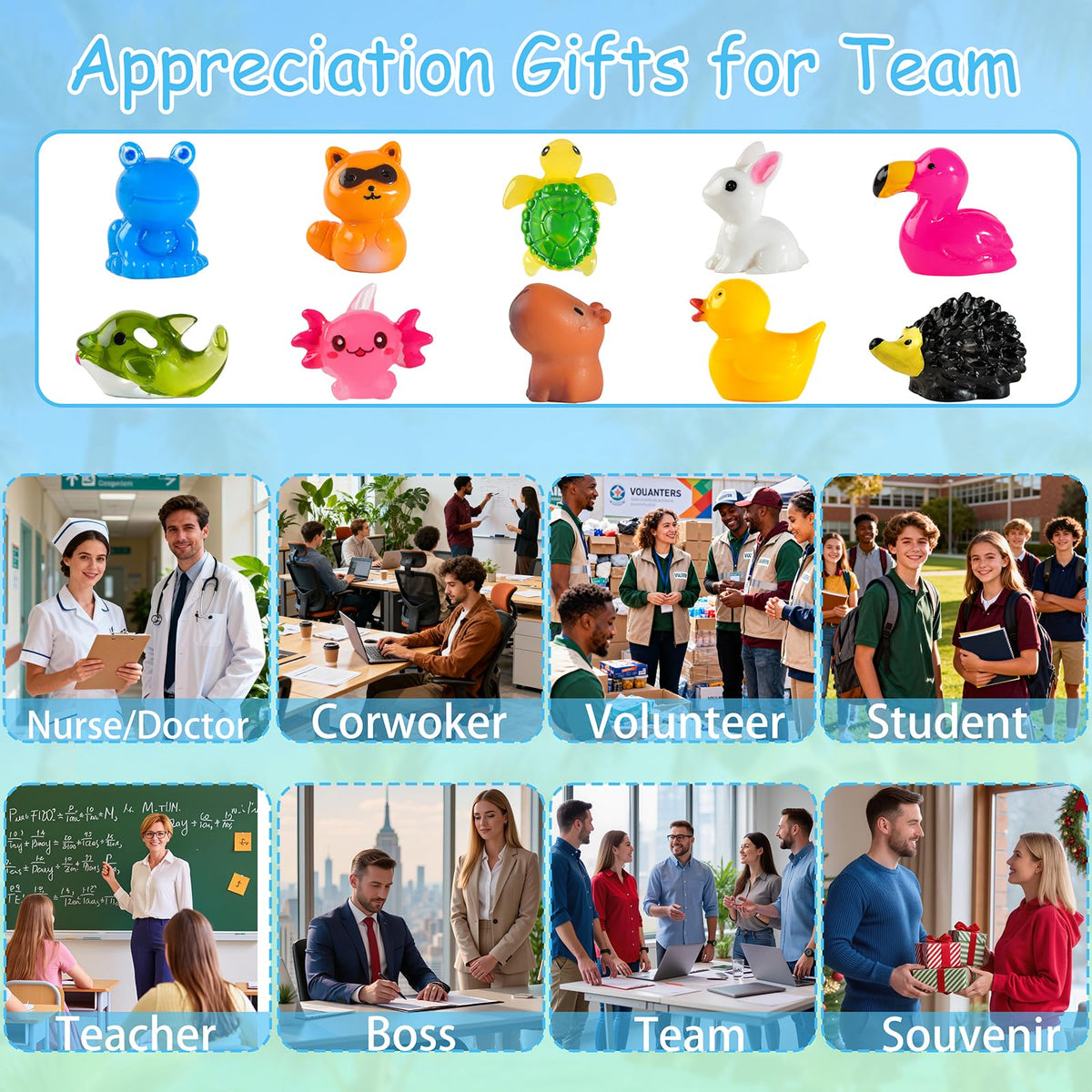 PAPPYN-A 30 Sets Employee Appreciation Gifts Bulk for Coworkers Team Staff Thank You Gifts Back to School Resin Animal Organza Bags Pun Inspirational Note Cards for Teacher Volunteer Nurse Office