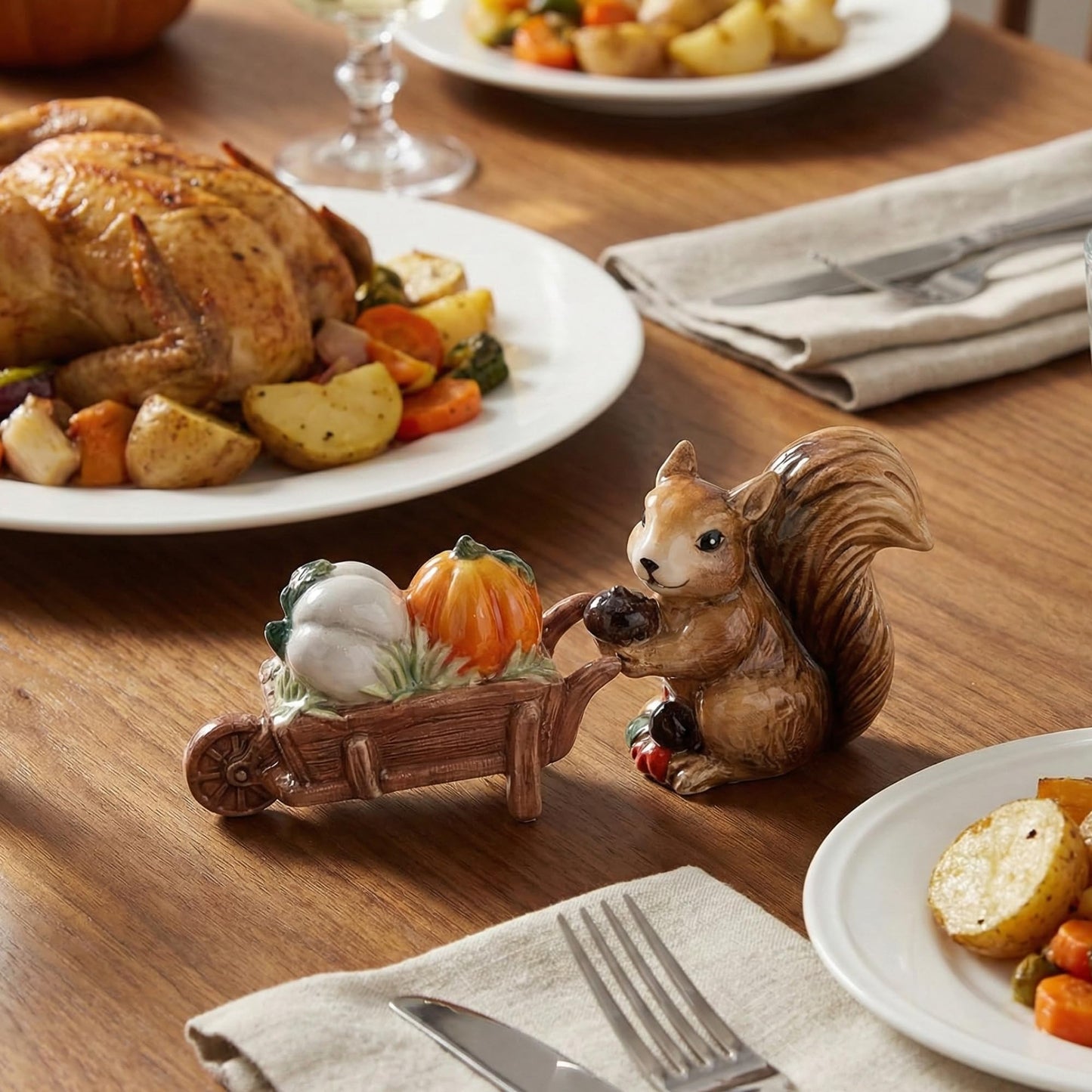Blue Sky Clayworks Harvest Squirrel & Pumpkin Salt & Pepper Shaker Set, Ceramic, 6" L x 1.75" W x 2.5" H, Woodland Wheelbarrow Scene