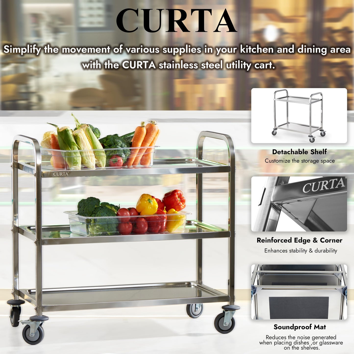 CURTA Stainless Steel Serving Trolley, 38" L x 20" W x 37" H 3 Tiered Shelf Kitchen Utility Cart, Rolling Casters Brake Wheel, Commercial Pro for Restaurant/Hotel/Lab/Clinic/Salon/Workshop