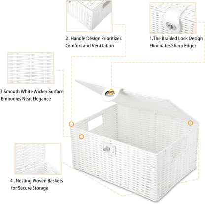 Honygebia White Wicker Storage Baskets - Set of 3 Decorative Nesting Boxes with Lids, Woven Basket with Lock & Handle, Organizer for Beauty Makeup Bathroom Decor