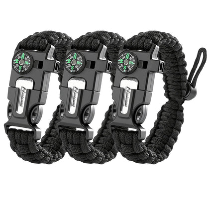 NVioAsport Paracord Survival Bracelet (3 Pack) - Adjustable with Fire Starter, Whistle, Compass - Survival Gear for Hiking, Camping, Fishing, Gifts for Men Dad Husband