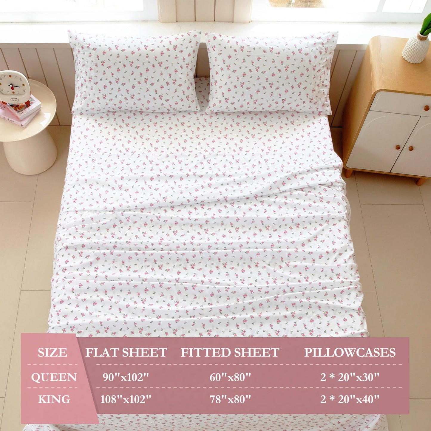 MICORAL Boho Floral Queen Sheet Set, 4-Piece Printed Botanical Bed Sheets, 16" Deep Pocket, Ultra Soft & Cooling Sheet, Oeko-TEX Certified, Pink Cute Flower