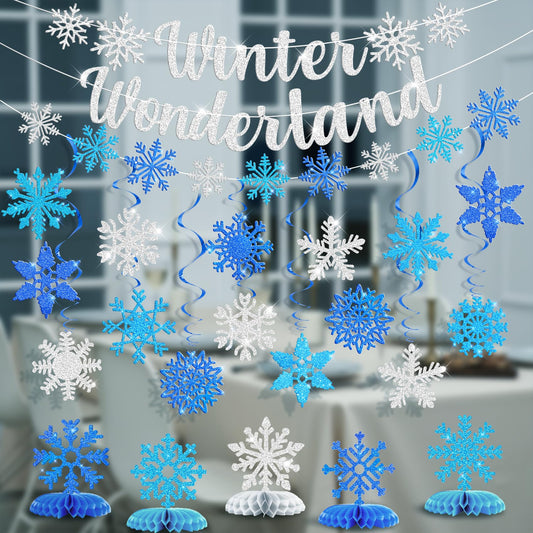 Ouddy Life 36 Pcs Winter Wonderland Christmas Decorations, Hanging Snowflake Swirls Ceiling Streamers, Glitter Paper Spiral Snowflakes Ornaments Banners Honeycomb for Xmas Frozen Party Birthday Decor