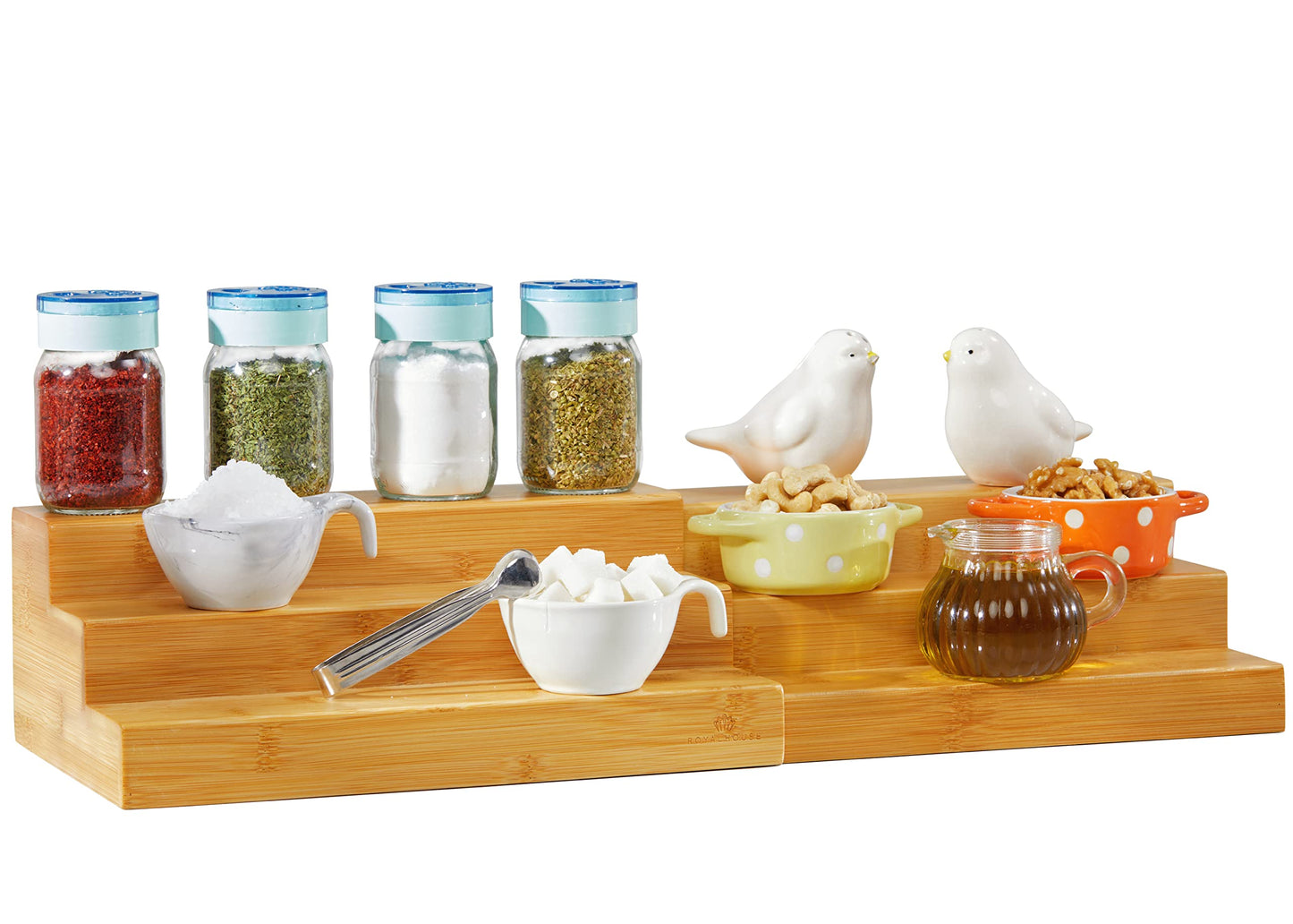 RoyalHouse Bamboo Expandable Spice Rack Organizer, 3-Tier Adjustable Kitchen Cabinet, Countertop Display Shelf, Space Organizer for Kitchen and Bathroom