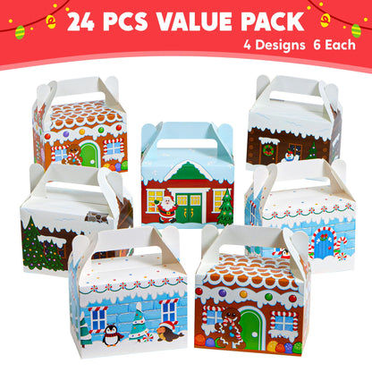 JOYIN 24 PCS 3D Christmas House Cardboard Treat Boxes for Holiday Xmas Goody Gift, Goodie Paper Boxes, School Classroom Party Favor Supplies, 4 Designs Candy Treat Cardboard Cookie Boxes