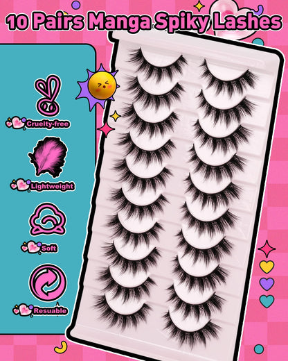 Manga Lashes Spiky False Eyelashes - Wispy Anime False Eyelashes Natural Look 10 Pairs Cotton Band Fake Lashes Cosplay Asian D Curl Strip Lashes by EMEDA(13mm #03)