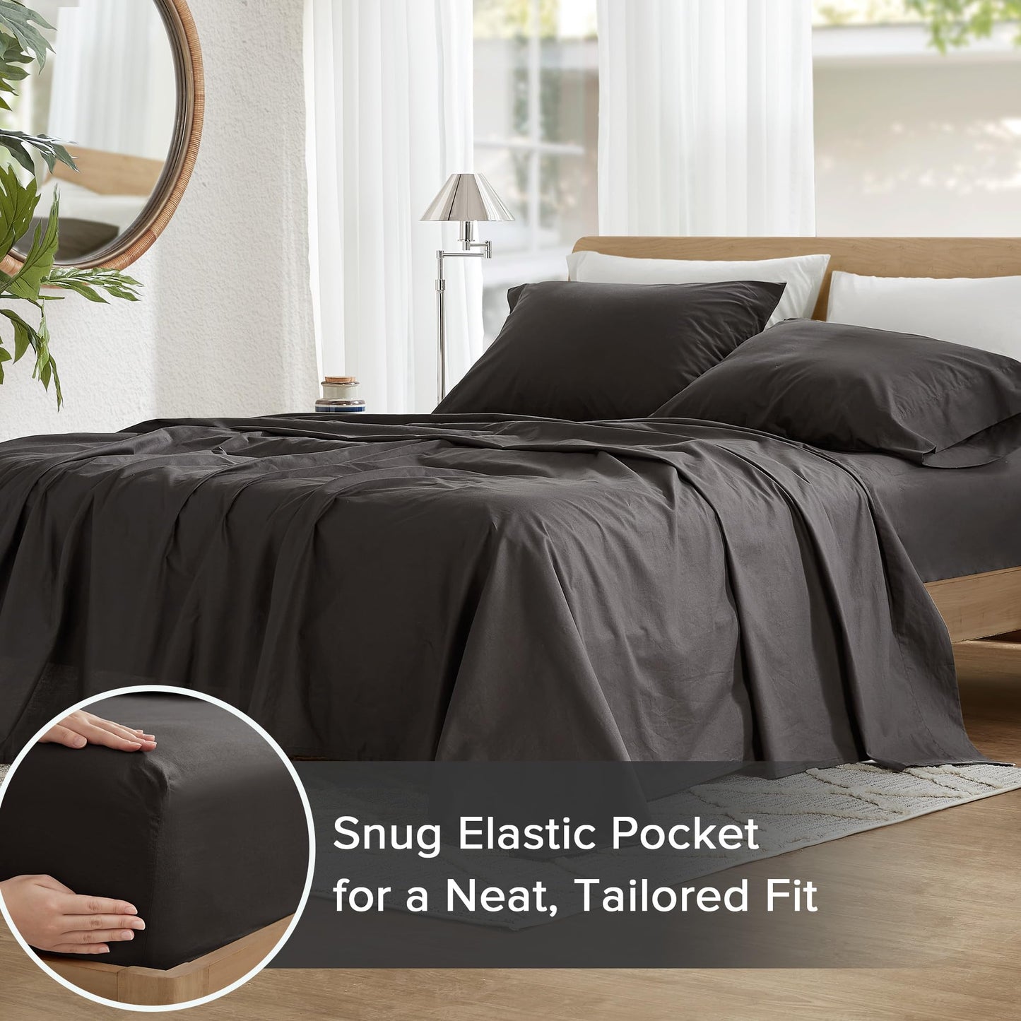 Comfort Spaces 100% Cotton Sheets Full, Breathable & Ultra Soft Cotton Sheets, Naturally Cool Cotton Bed Sheets with 14" Elastic Pocket Fits up to 16" Mattress, All Season Sheet Set, Black 4 Piece