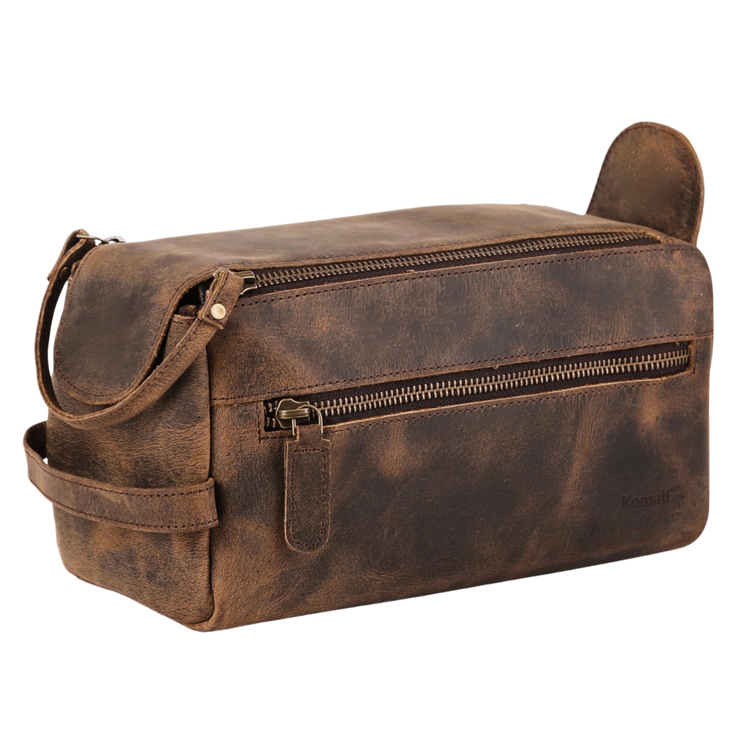 KomalC Premium Buffalo Leather Unisex Toiletry Bag Travel Dopp Kit (Distressed Tan)