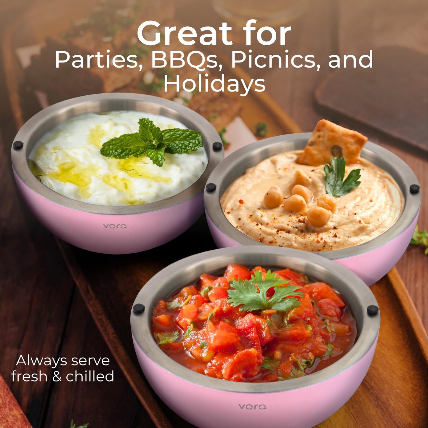 Vora 35oz Dip Chiller Bowl | 1 Pack Pink Stainless Steel Chilled Serving Bowl Keep Dips, Salads, and Appetizers Perfectly Cold with Leak-Resistant Ice Bowl for Effortless Hosting