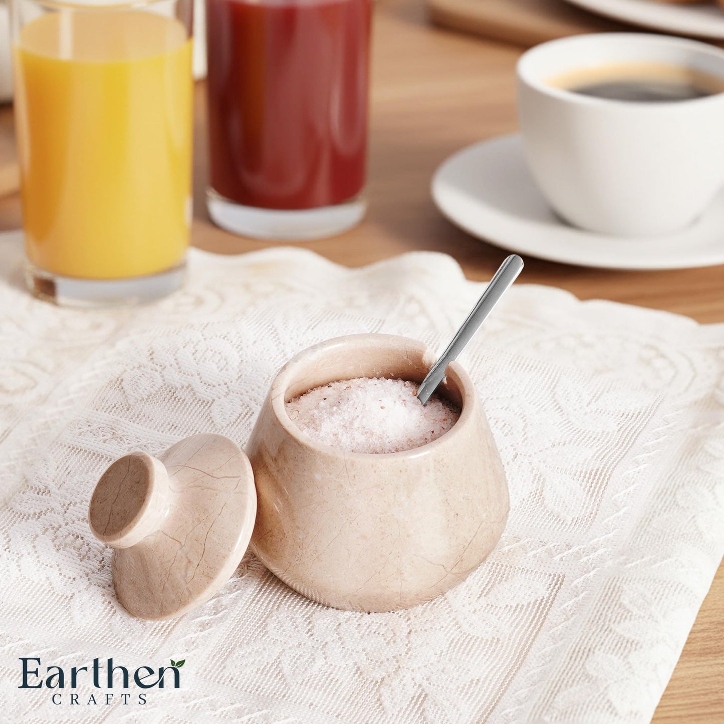 EARTHEN CRAFTS Marble Salt Cellar with Lid 3 Inches Beige Salt Keeper Salt Box, Seasoning Container & Spice Jar with Spoon, Stone Salt Holder for Countertop, Ideal Gift for Home & Kitchen Decor