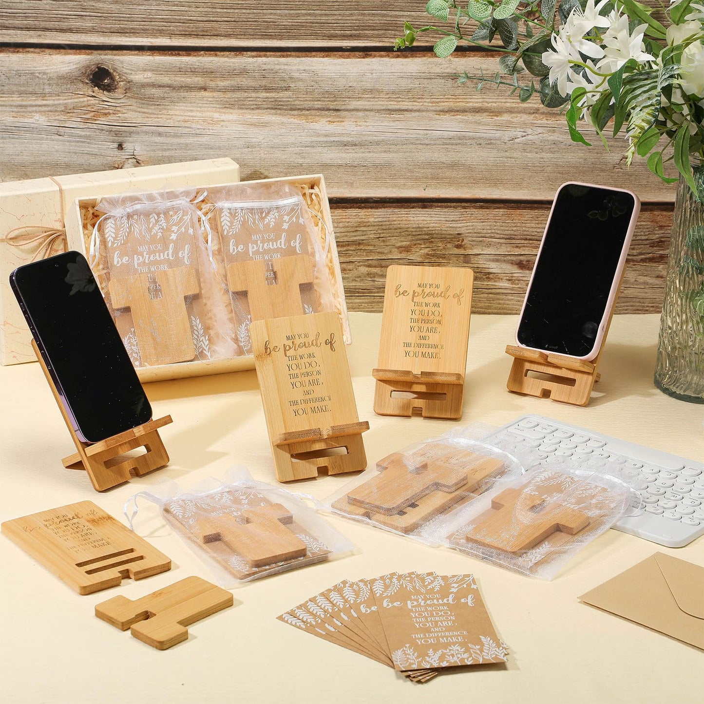 Novabright 12 Sets Employee Appreciation Gifts Bulk Bamboo Wooden Phone Stand for Desk with Greeting Cards Organza Bags Thank You Gifts for Coworkers Nurse Teacher Staff Office
