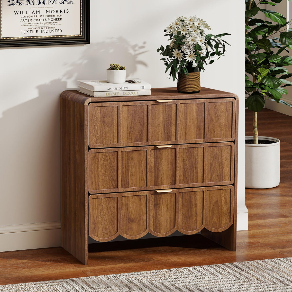 ORRD 3 Drawer Dresser for Bedroom, Modern Closet Chest of Drawers with Wave Fluted Drawer, Wood Storage Small Dresser Organizer for Nursery Bedroom Living Room Hallway Closet (Walnut)