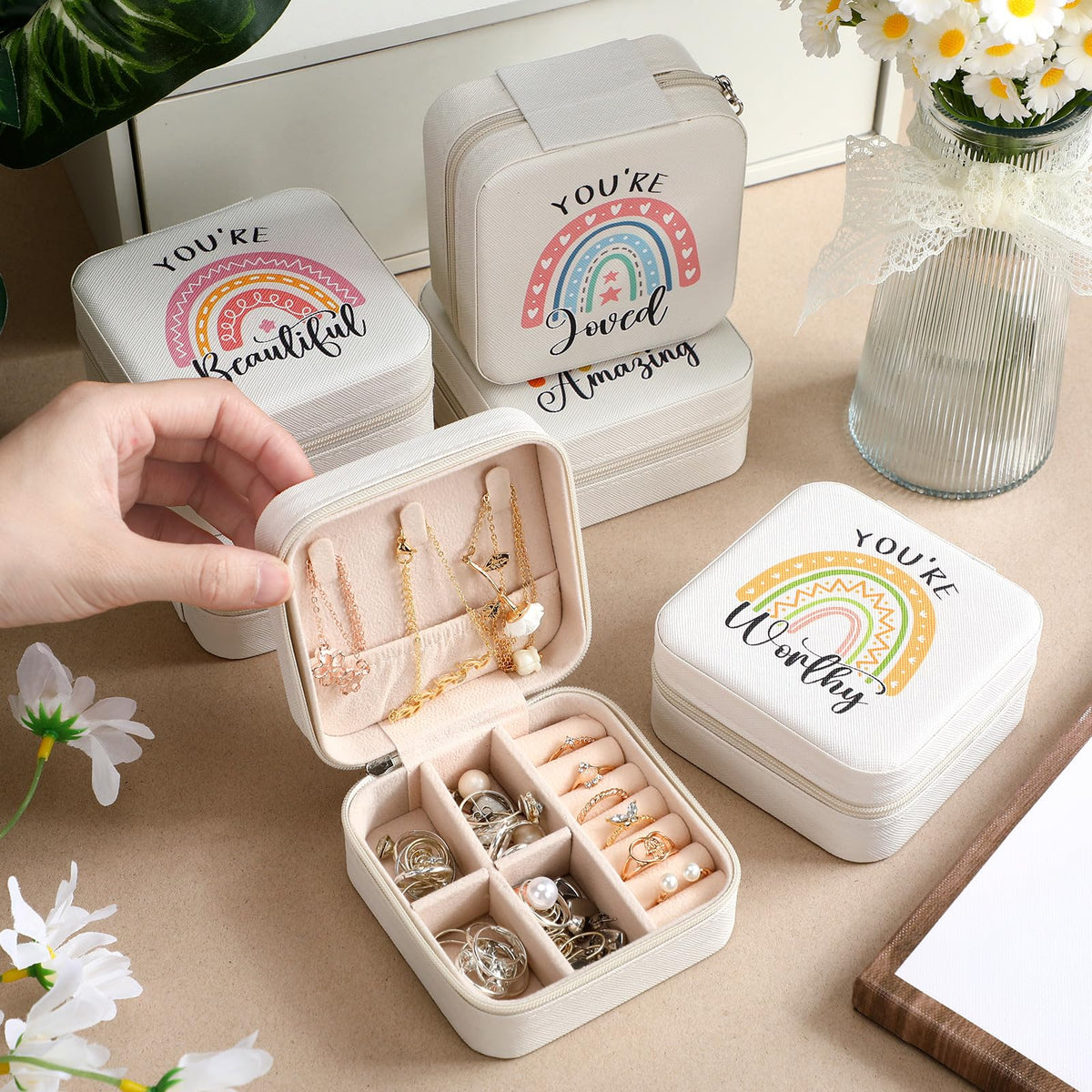 Kenning 6 Pcs Travel Jewelry Case Mother's Day Church Gifts Bulk Inspirational Rainbow Travel Jewelry Box for Women Teachers Gifts Portable Jewellery Storage Organizer Box for Rings Earrings Necklaces