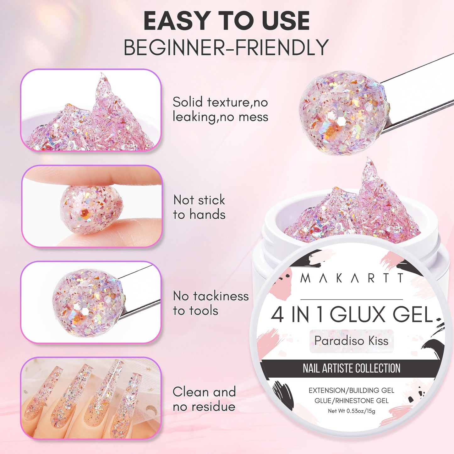 Makartt Clear Gel Builder Kit: Self-Levelling, Long Lasting Extension Hard Gels for Strengthener, Broken Nails Repair Gel Kit with Paper Forms, Dual forms, Nail File and Dual-End Brush 1.06 oz
