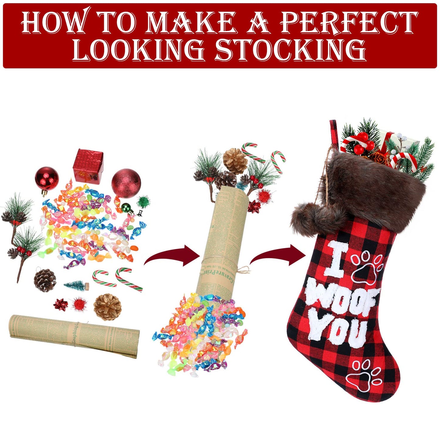 Skylety 2 Pieces Christmas Pet Dog Stocking 20 Inch Buffalo Plaid Christmas Stockings Plush Faux Fur Cuff Christmas Hanging Ornament with Letter and Dog Paw for Xmas Decoration (Black Red,Black White)