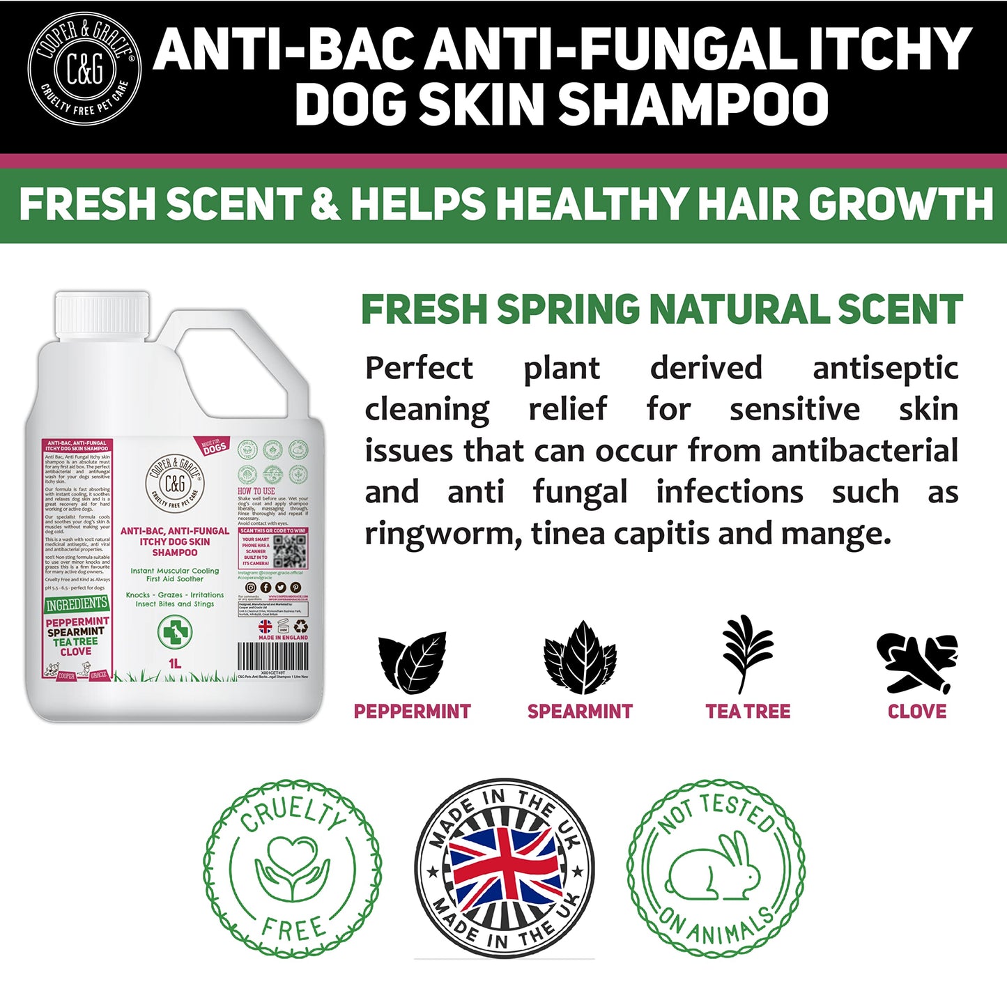 Dog Shampoo For Itchy Skin Antibacterial And Antifungal | Natural Medicated Low Lather Safe Formula | Fast Absorbing and Skin Cooling First Aid | Great For Cuts Grazes Skin Irritation