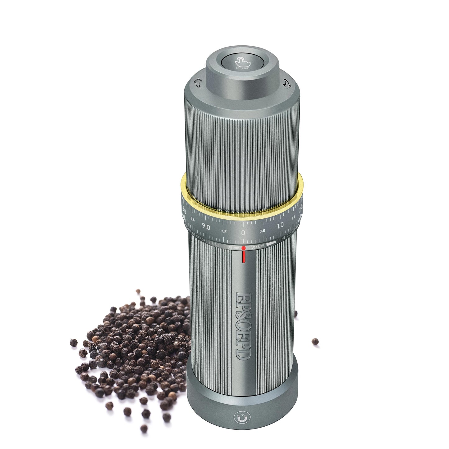 EPSOEPD Heavy Duty Metal Pepper Mill, Silver Gray | Refillable High Output Stainless Steel Pepper Grinder with Adjustable Coarseness Via External Dial & Magnetic Bottom Cover, Top Lock Button for Home