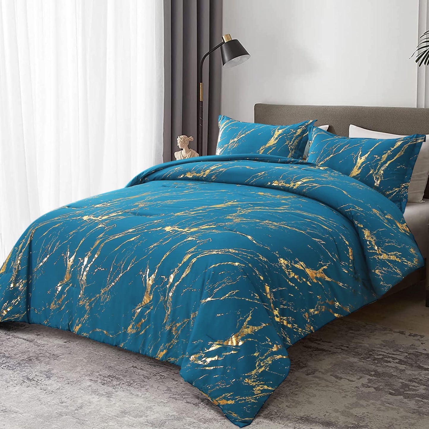 WONGS BEDDING Teal Gold Metallic Marble Comforter Set Queen Foil Print Glitter Bedding Sets with 2 Pillowcases for All Seasons, Soft Microfiber Filling Bedding Duvet Set 90"x90"