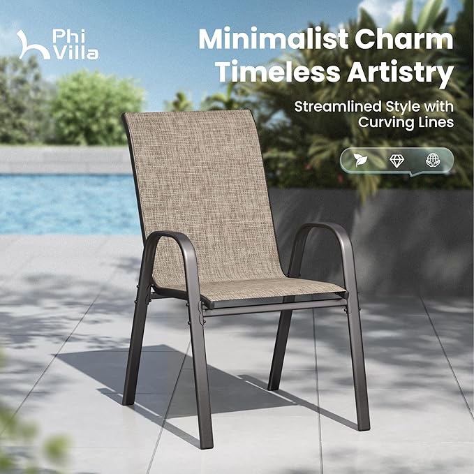 PHI VILLA Patio Chairs Set of 4, Outdoor Stackable Dining Chairs with E-Coating Metal Frame and Upgraded Textilene Fabric, All Weather Deck Chair 350 LBS Capacity for Porch Poolside Garden