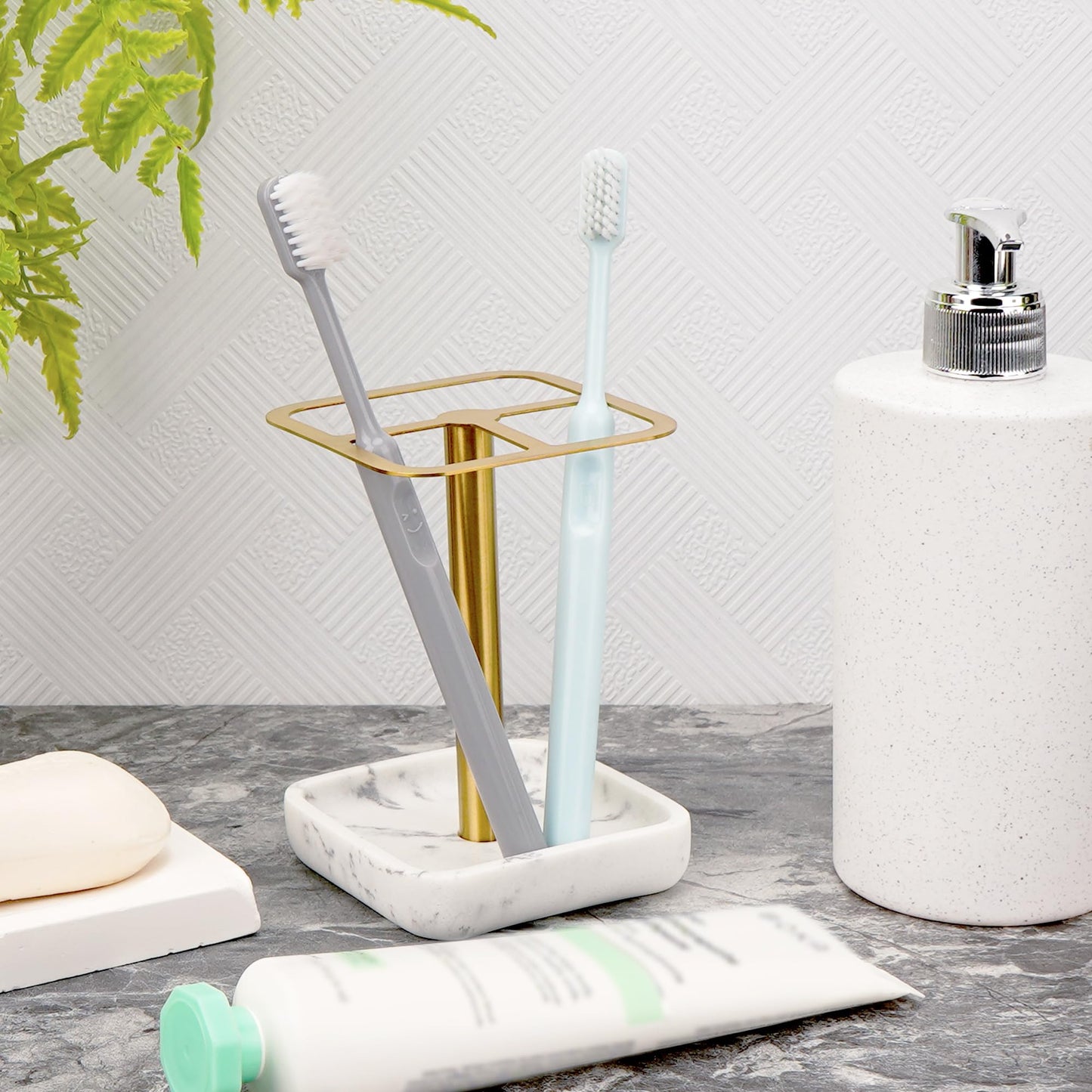 DODAMOUR Stainless Steel Toothbrush Holder with Marble-Style Weighted Base, 3-Section Organizer for Electric Toothbrushes & Toothpaste, Bathroom Countertop Stand (Gold)