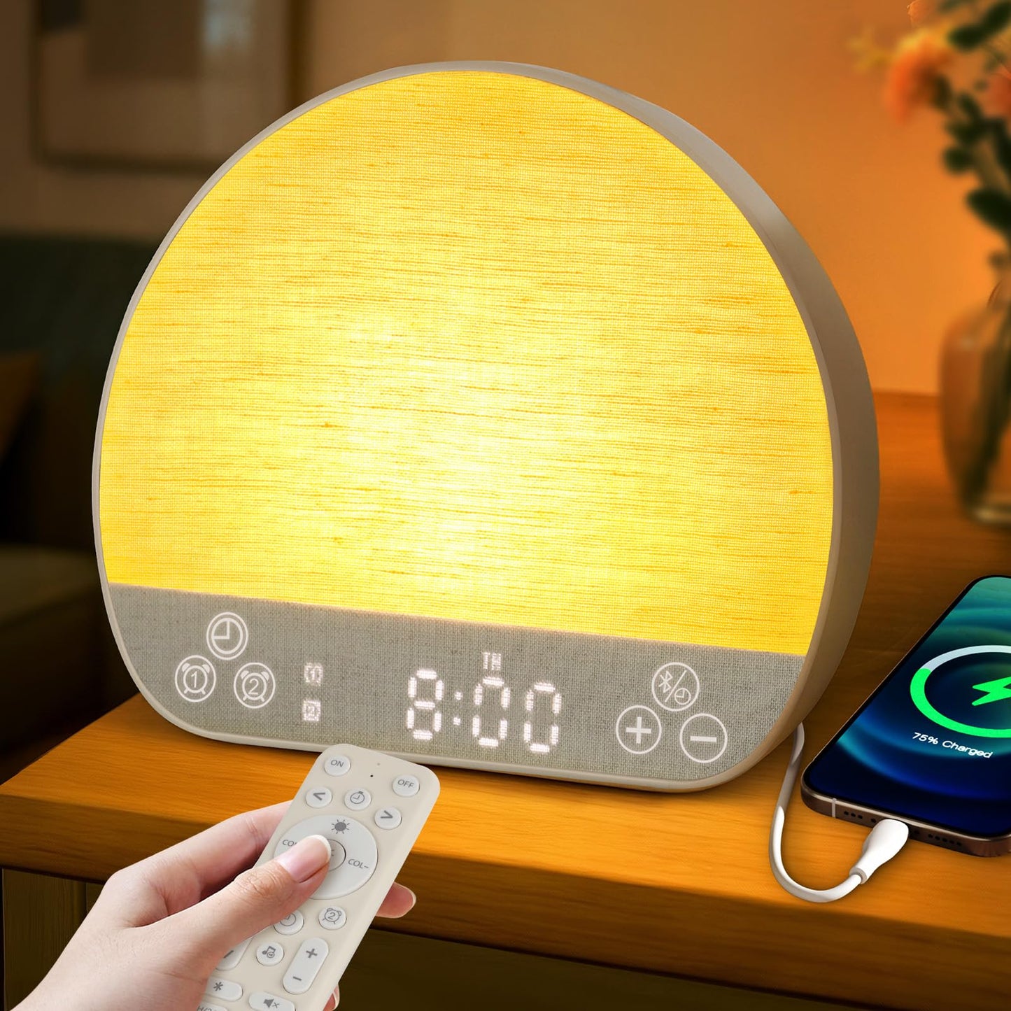 JONRRYIN Sunrise Alarm Clock Tap Snooze, 37 Sounds White Noise Machine Gentle Wake Up Light with Bluetooth, Remote, USB Charging & 15 Color Night Lamp, Sunlight Alarm for Heavy Sleeper Bedroom Gift