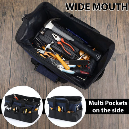 Sanwuta 3 Pack Tool Bag for Men with Waterproof Hard Bottom, Heavy Duty Tool Bag Wide Mouth Tote for Various Instrument, Electrician Carpenter Mechanic (Blue, Red, Yellow,16 Inch,Side Pockets)
