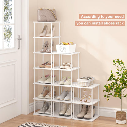 Vertical Tall Shoe Rack Organizer for Entryway -7 Tier Free Standing Slim Narrow Bamboo Wood Corner Stackable Shoe Boots Storage Stand Small Spaces for Closet Garage Cloakroom Living Room (White)
