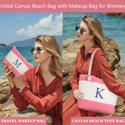 YOOLIFE Birthday Gifts for Women - Mothers Day Gifts, Beach Bags for Women, Pink Beach Bags Waterproof Sandproof Initial Canvas Tote Bag Mom Girlfriend Teacher Sister Friend Female Her Gift Idea A