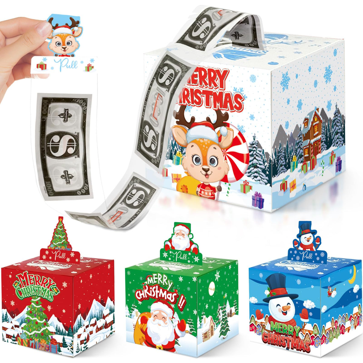 4 Pack Christmas Money Box for Cash Gift Pull,Christmas Tree & Snowman & Santa & Elk Money Gift Boxes for Cash with Pull Out Card DIY Set Surprise Merry Box (Cute Christmas)