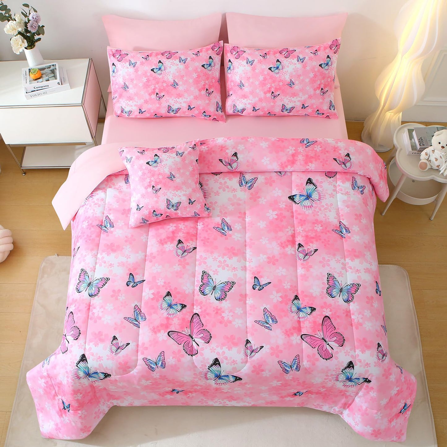 JQinHome 6 Piece Butterfly Comforter Set Twin, 3D Pink Flower Printed Bedding Set, All Season Microfiber Butterfly Theme Home Decor Bedding for Girls with Sheet Sets (Pink)