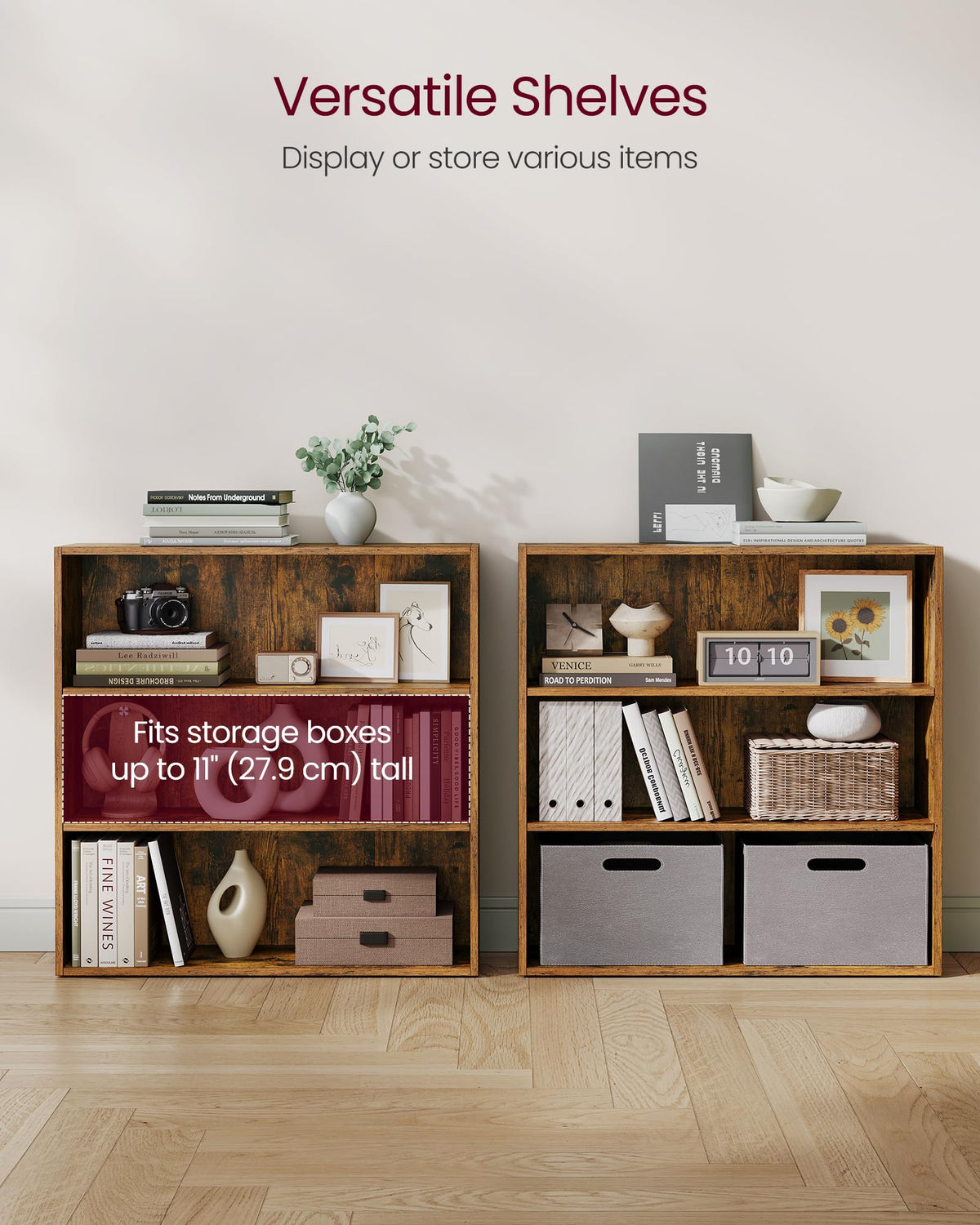 VASAGLE Custos Collection - Bookshelf, 3-Tier Bookcase, Book Shelf, Open Storage Shelf, 9.4 x 31.5 x 32 Inches, for Living Room, Home Office, Dinning Room, Rustic Brown ULBC173X01